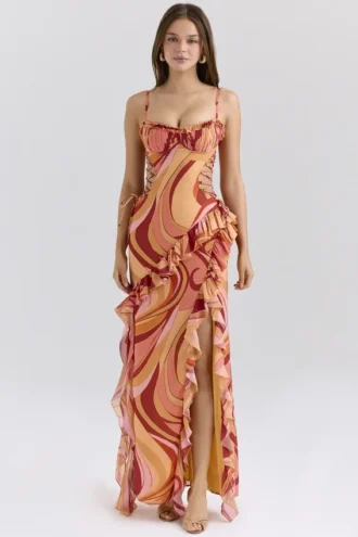 Robe longue à volants et découpes « Lumira Sunset Swirl »