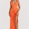 Robe longue à volants Pixie orange flamme