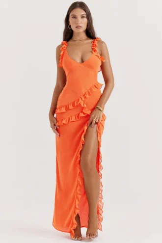 Robe longue à volants Pixie orange flamme