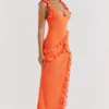 Robe longue à volants Pixie orange flamme