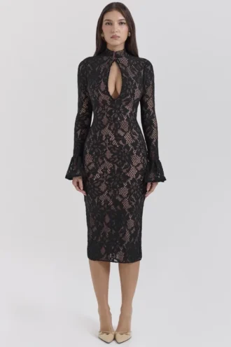 Robe mi-longue en dentelle noire Pierette