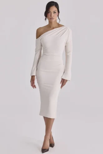 Robe midi asymétrique drapée en crêpe ivoire vintage Arista