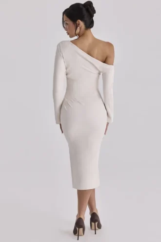 Robe midi asymétrique drapée en crêpe ivoire vintage Arista