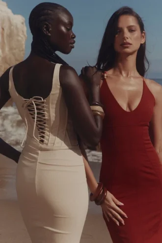 Robes mi-longues corsetées Samya couleur amande